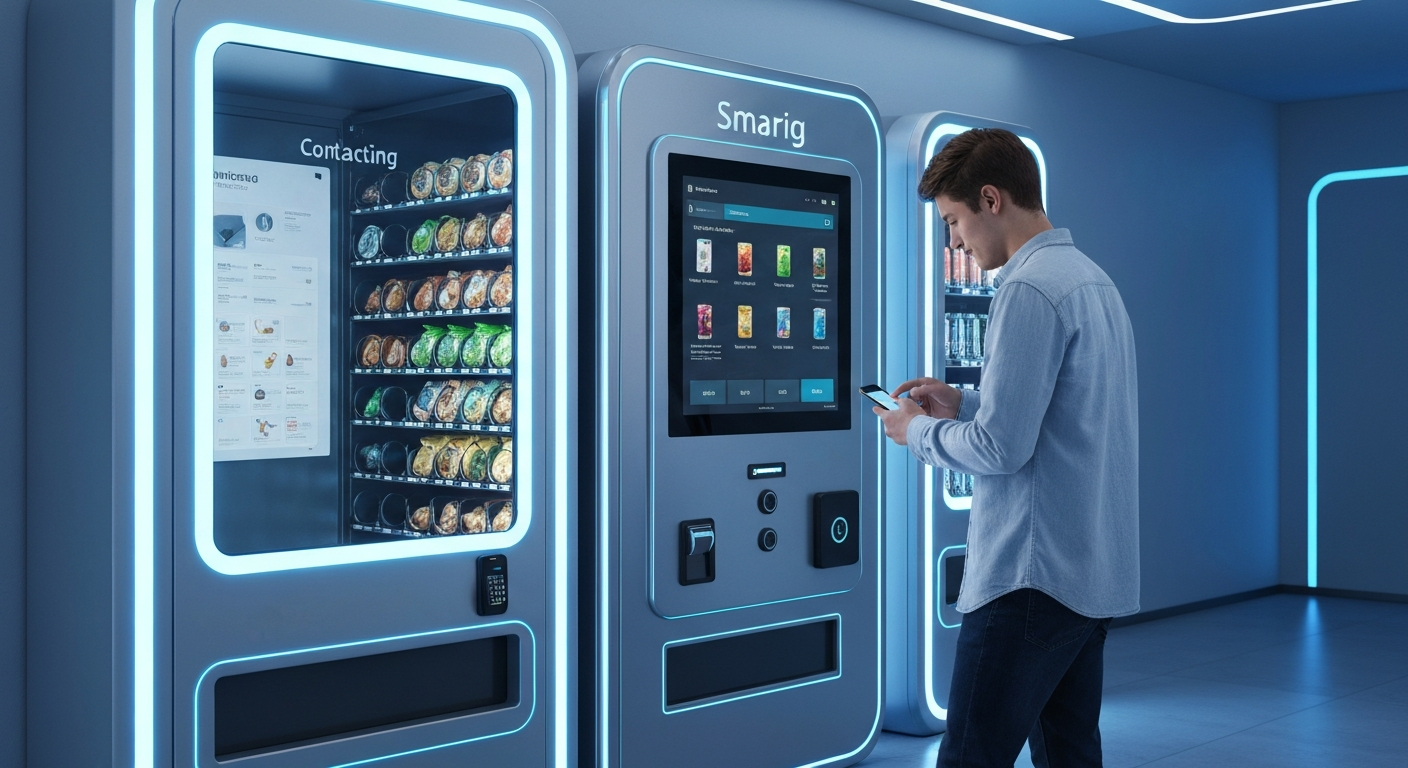 Distributeur automatique connecté avec innovations 2025 pour snacks et boissons, paiement sans contact et technologies intelligentes