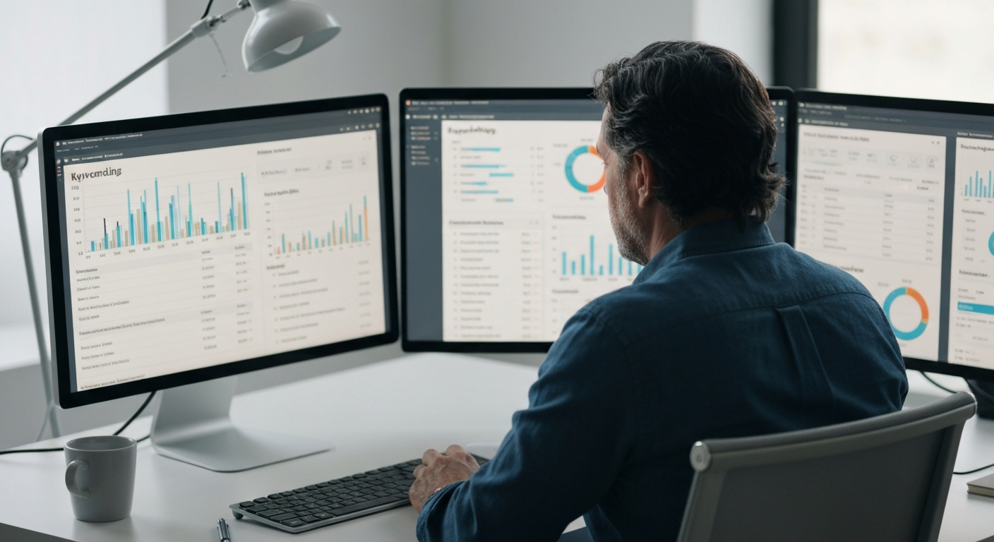 fondamentaux-seo-programmatique-automatisation.png Développeur travaillant sur les fondamentaux du SEO programmatique avec des métriques d'automatisation du référencement affichées sur plusieurs écrans