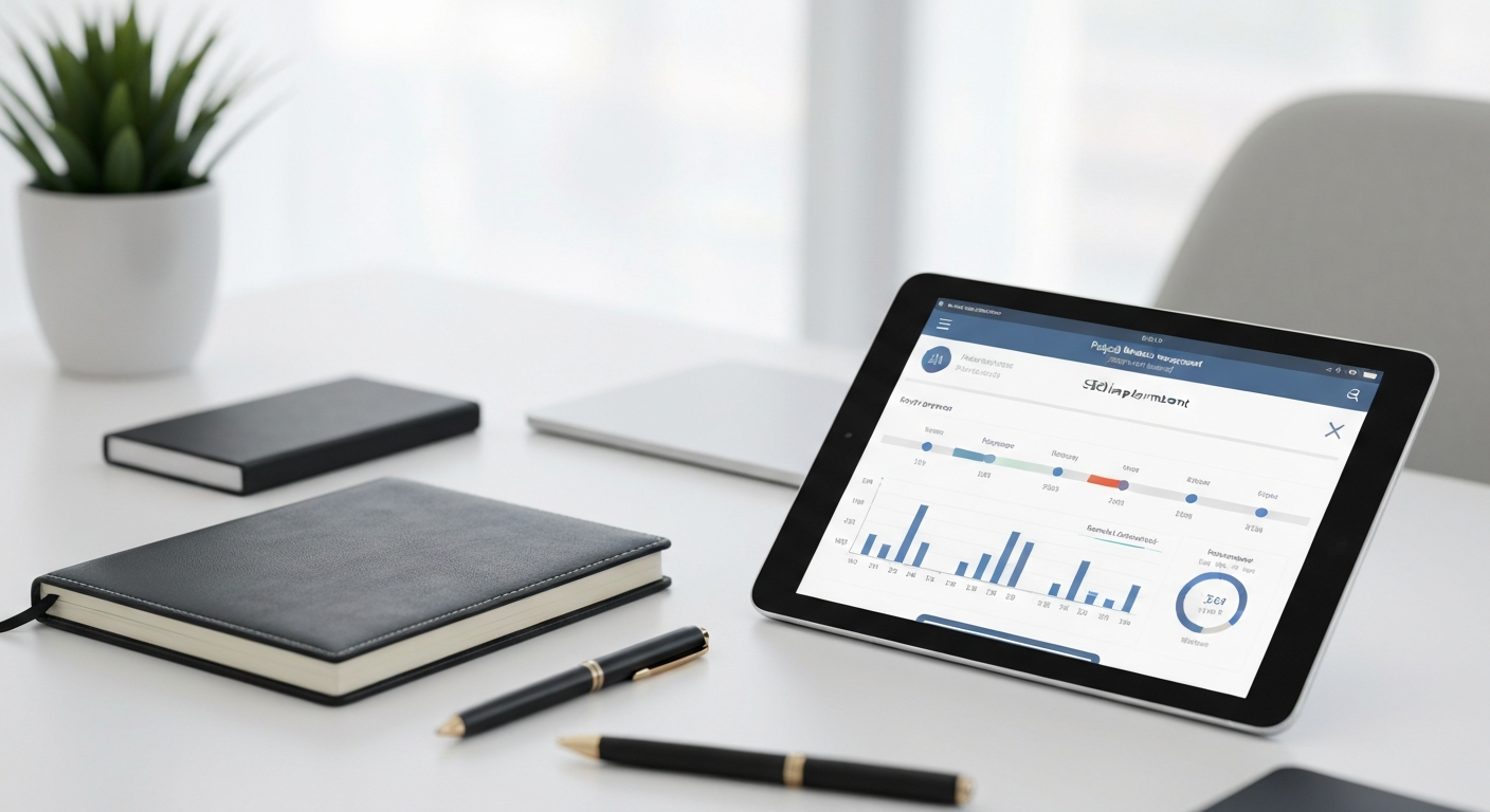 implementation-pratique-bonnes-pratiques-seo-programmatique.png Espace de travail professionnel avec tablette affichant un tableau de bord pour l'implémentation pratique du SEO programmatique et l'automatisation du référencement