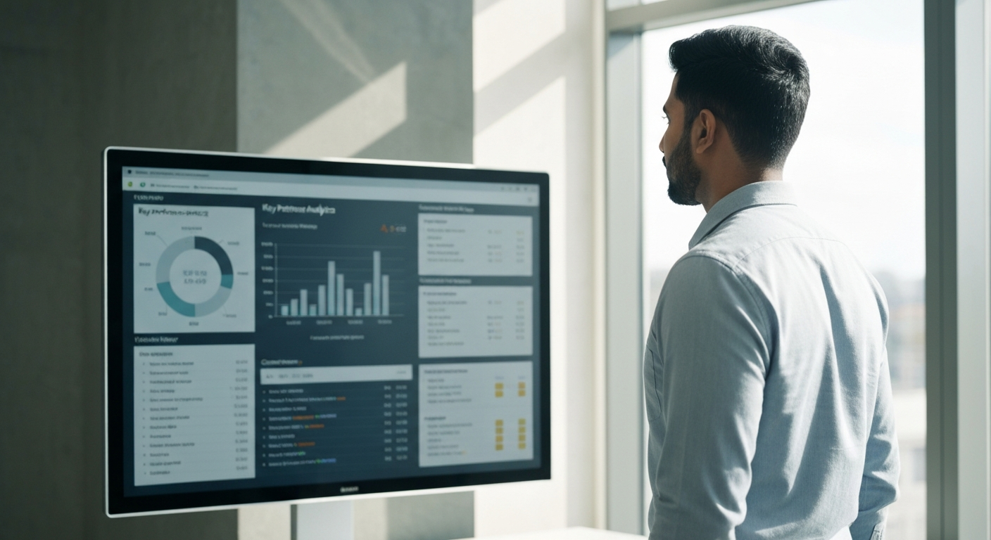 pourquoi-integrer-wordpress-crm-avantages.png Professionnel analysant les données clients grâce à l'intégration WordPress CRM sur grand écran