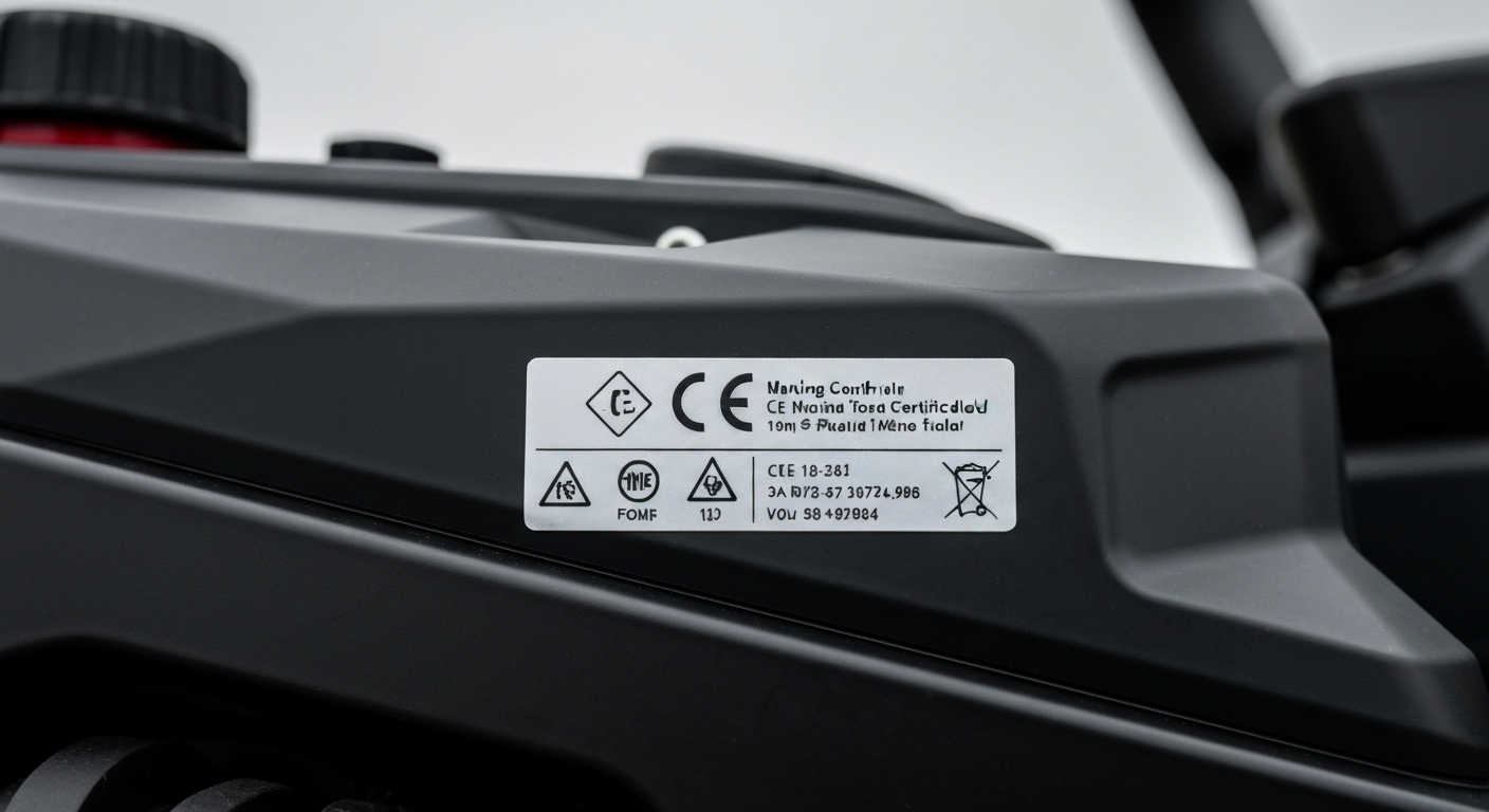 Marquage CE sur tondeuse radiocommandée montrant la conformité réglementaire pour la sécurité