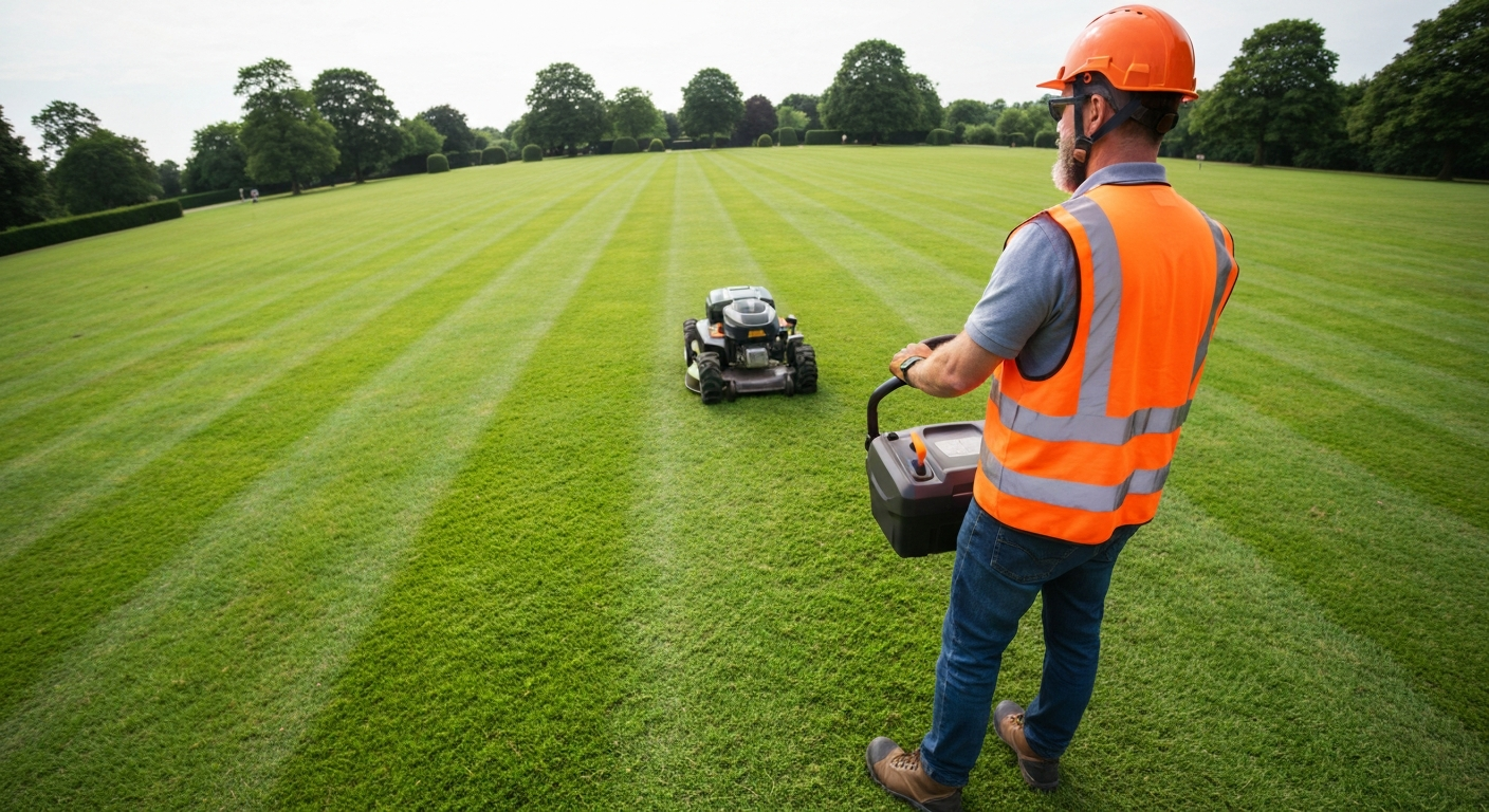 Opérateur avec équipements de protection utilisant une tondeuse radiocommandée selon les obligations de sécurité