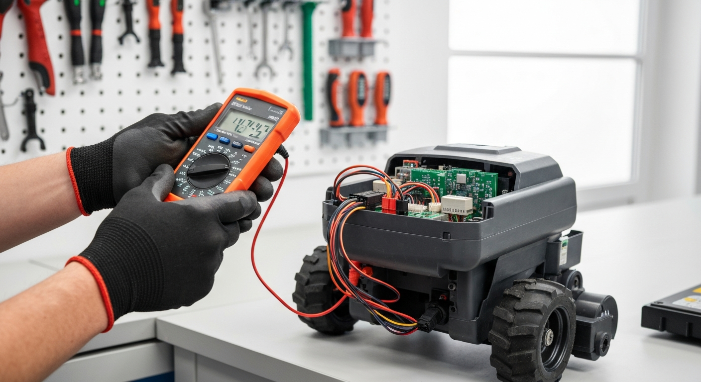 Diagnostic électronique d'une tondeuse radiocommandée avec multimètre pour identifier les pannes