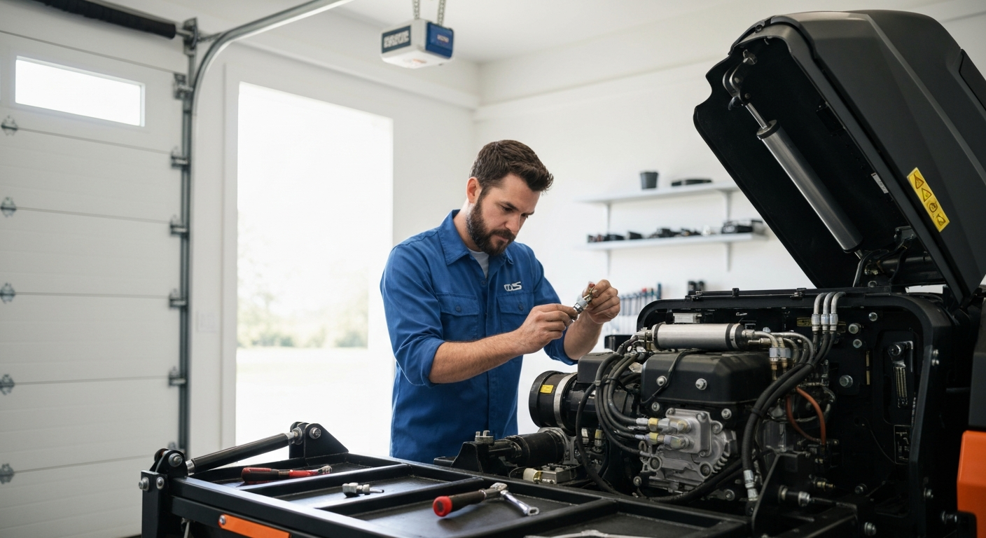 Réparation du moteur et système hydraulique d'une tondeuse radiocommandée en atelier