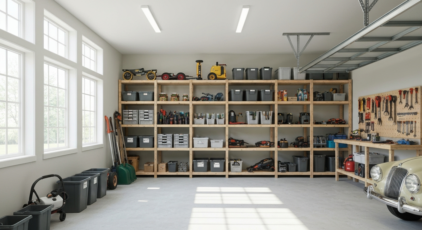 Garage bien organisé et ventilé, lieu de stockage optimal pour stocker tondeuse radiocommandée hiver en sécurité