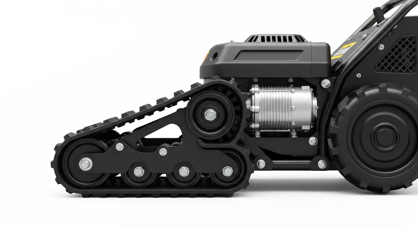 Critères techniques tondeuse télécommandée pente avec système de traction visible