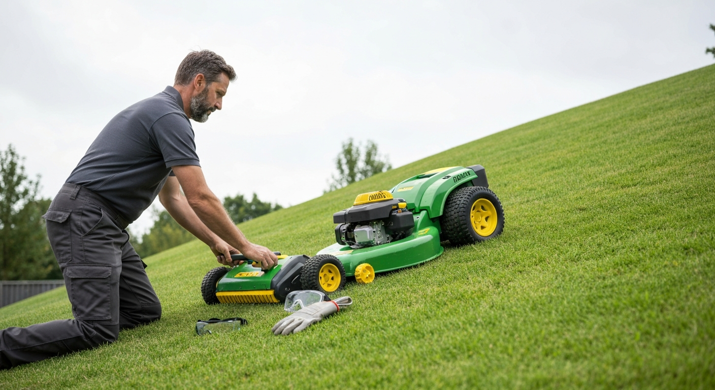 Installation sécurisée tondeuse télécommandée pente avec équipements de sécurité