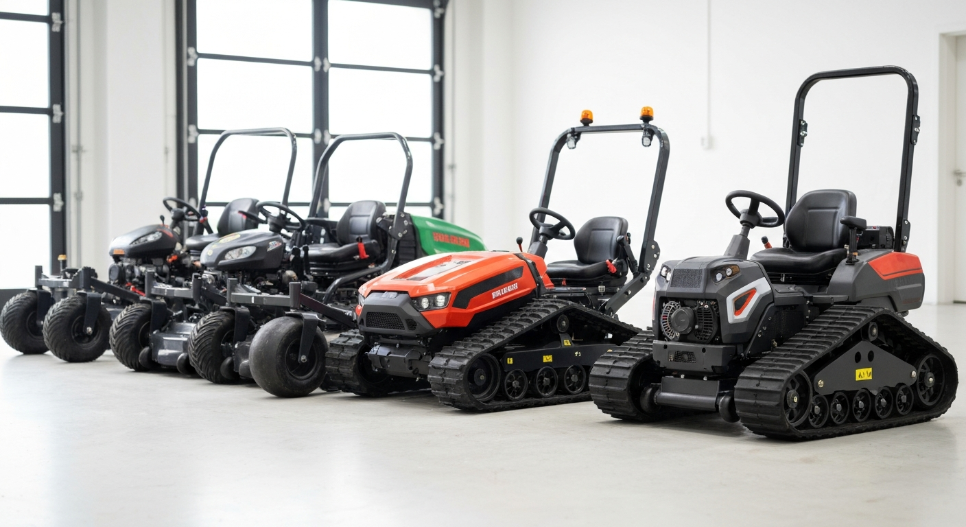 Types différents de tondeuses télécommandées pour pente avec roues et chenilles