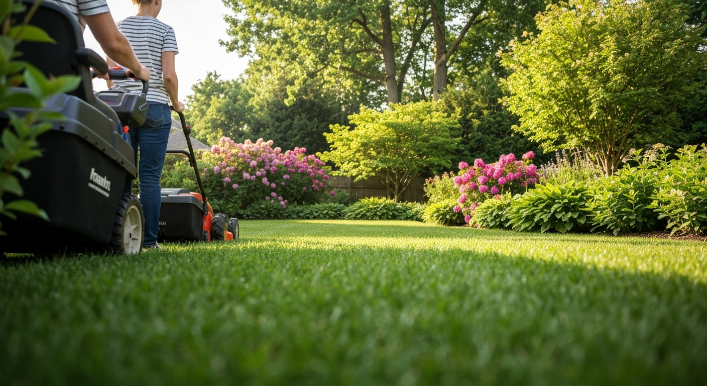 Utilisation facile et sécurisée d'une tondeuse télécommandée dans un jardin résidentiel
