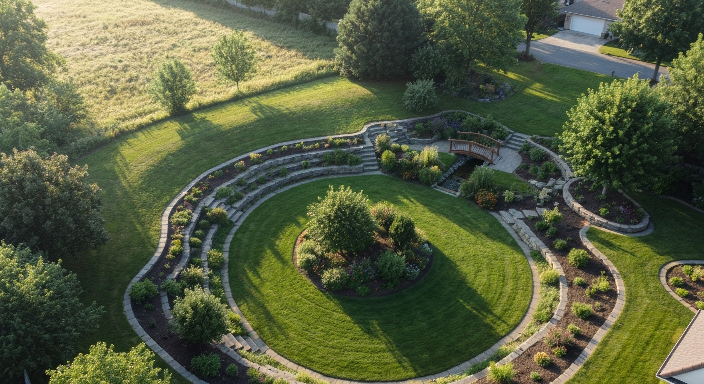 Vue aérienne d'un terrain résidentiel avec pentes et obstacles pour évaluer les caractéristiques avant de choisir sa tondeuse télécommandée