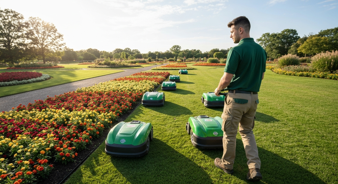 Professionnel utilisant les nouveautés tondeuse télécommandée 2025 pour l'entretien d'espaces verts
