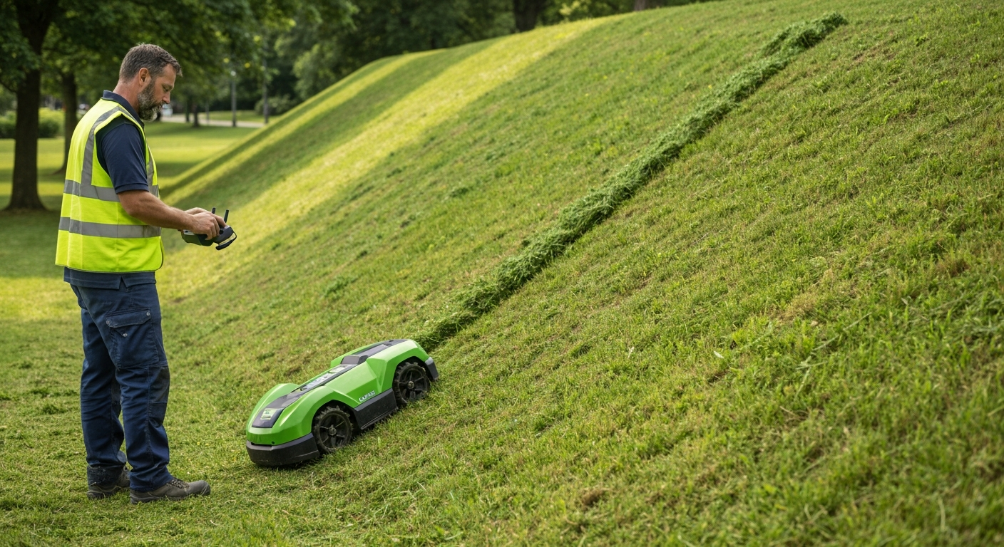 Agent municipal utilisant une tondeuse télécommandée collectivité 2025 pour sécuriser l'entretien des espaces verts