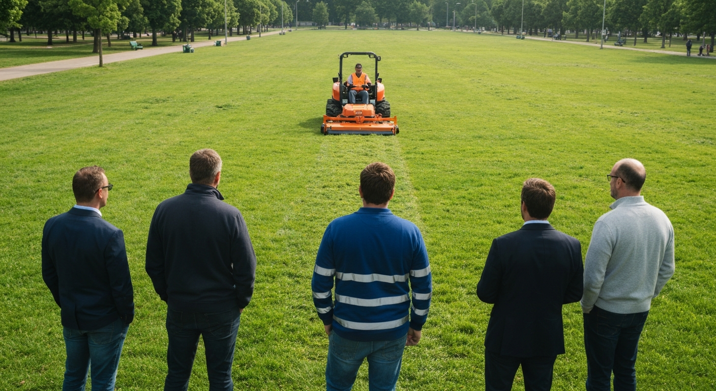 Équipe municipale évaluant les retours d'expérience sur tondeuse télécommandée collectivité 2025