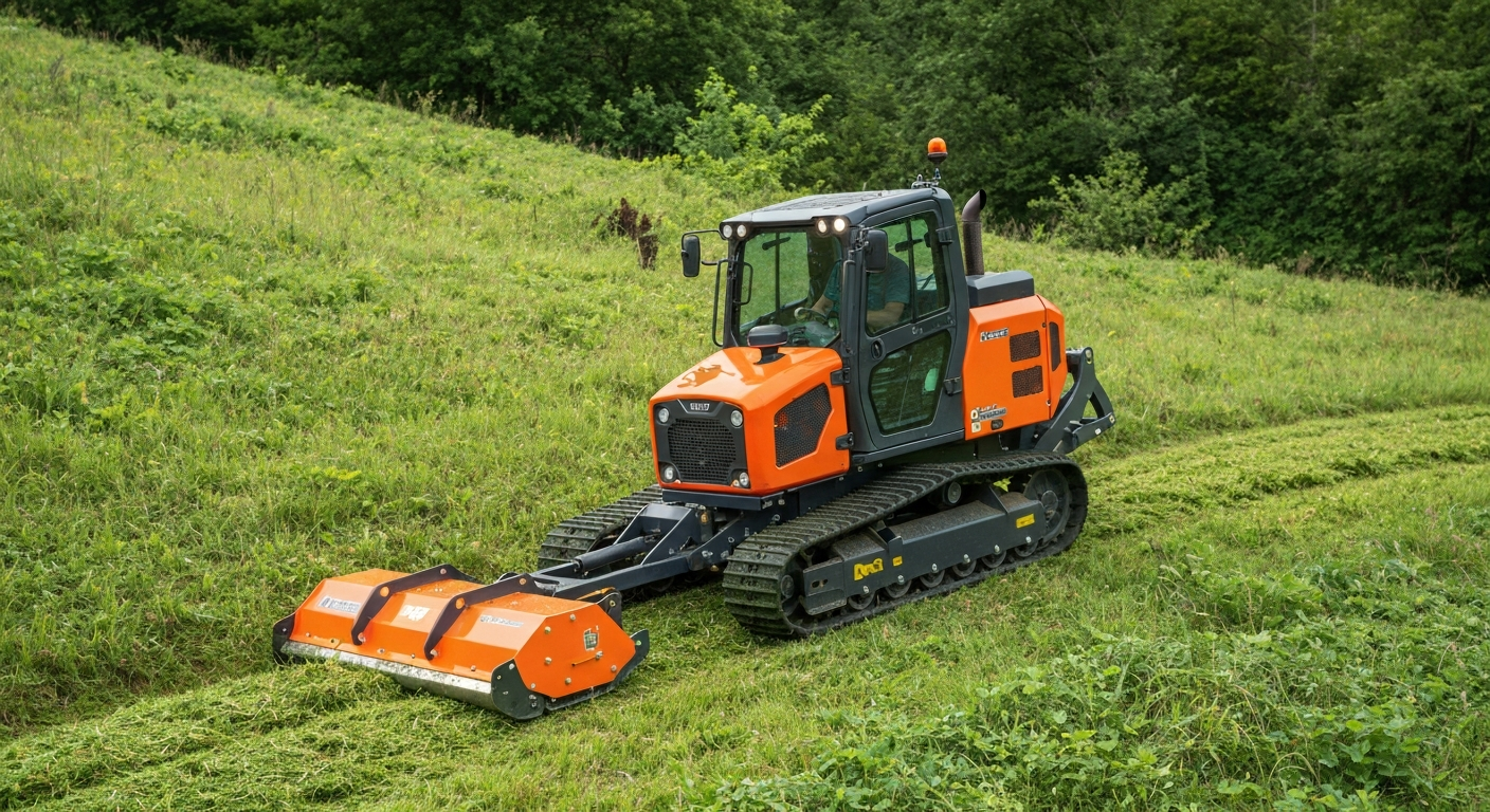 Tondeuse télécommandée à chenilles pas cher sur terrain pentu, système de propulsion adapté aux pentes difficiles et terrains accidentés