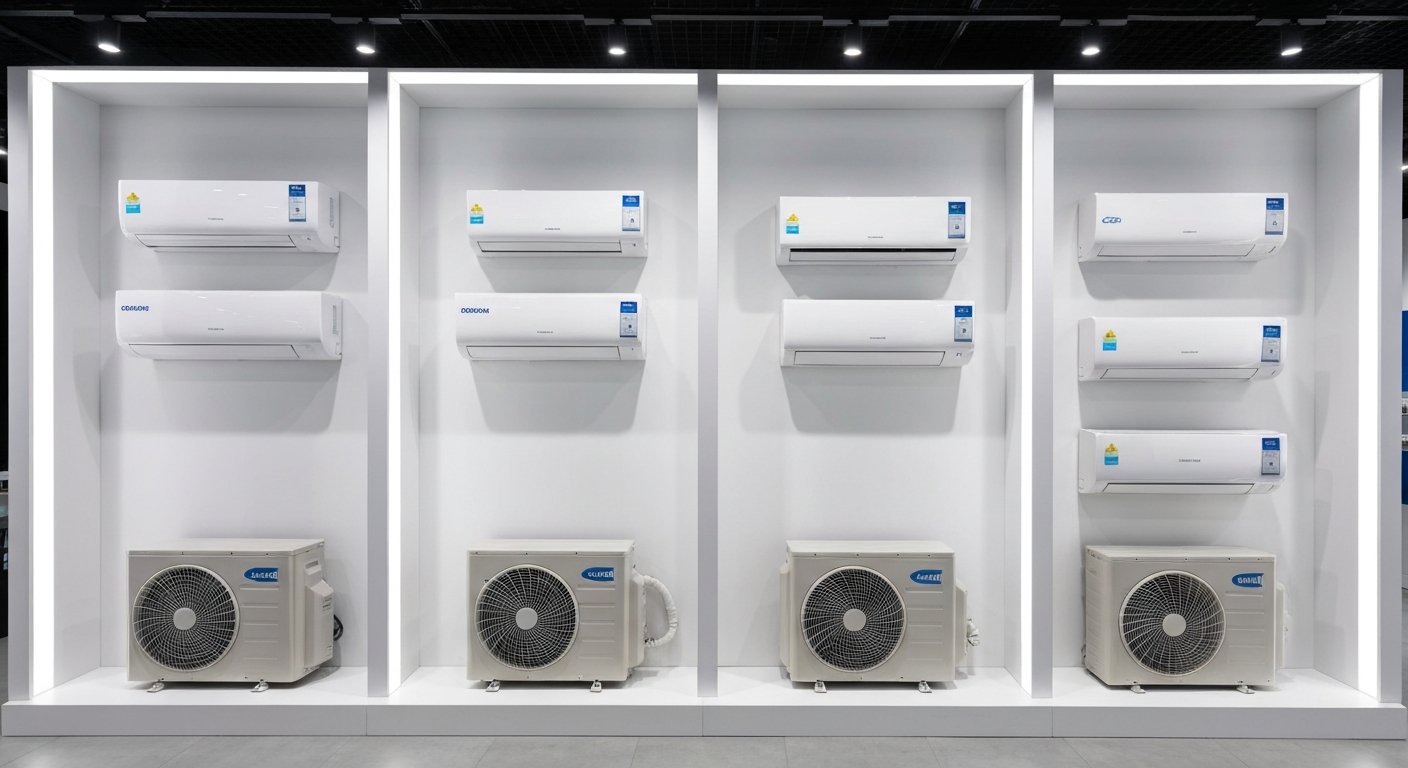 Comparaison des marques leaders de climatiseurs réversibles - Daikin, Mitsubishi Electric et Atlantic exposés en magasin