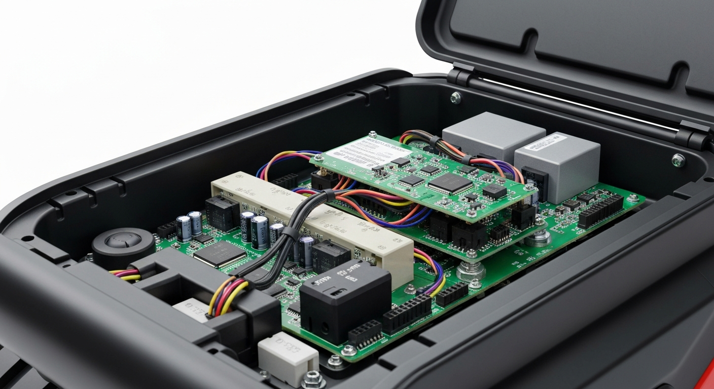 Composants électroniques et capteurs d'une tondeuse télécommandée montrant la technologie intégrée