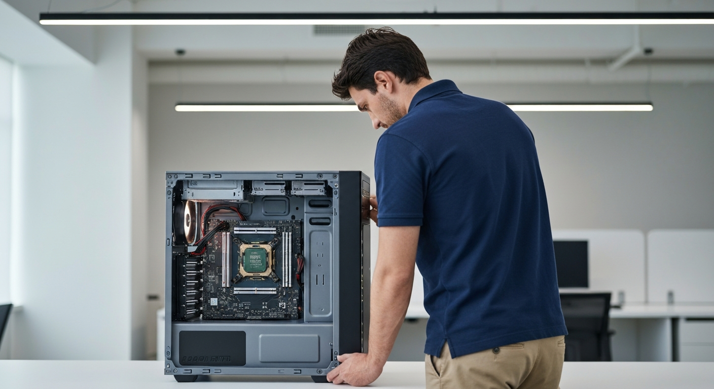 diagnostic-ordinateur-qui-rame-causes.png Technicien informatique diagnostiquant les causes d'un ordinateur qui rame lors d'une intervention professionnelle