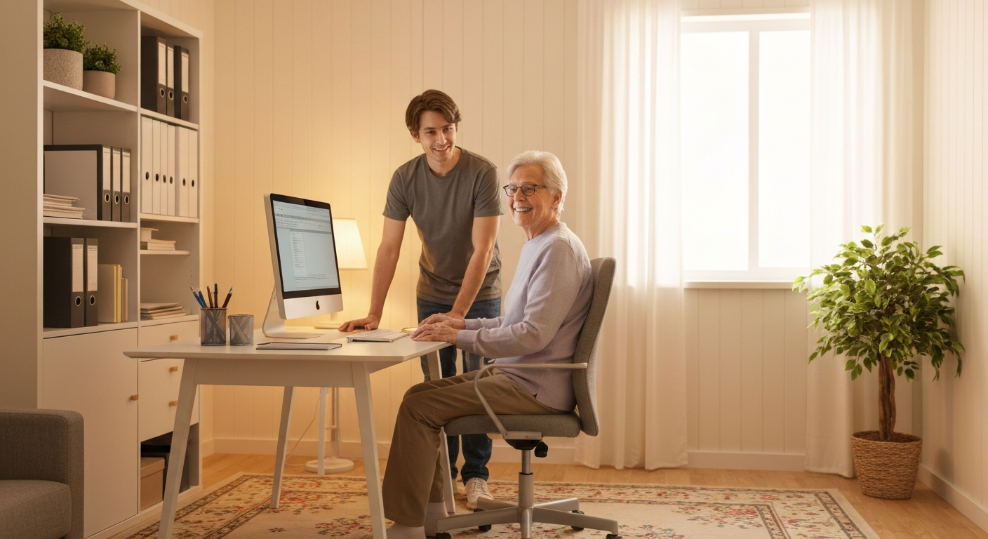 service-informatique-domicile-ordinateur-qui-rame.png Service informatique à domicile aidant une personne senior avec son ordinateur qui rame dans son salon