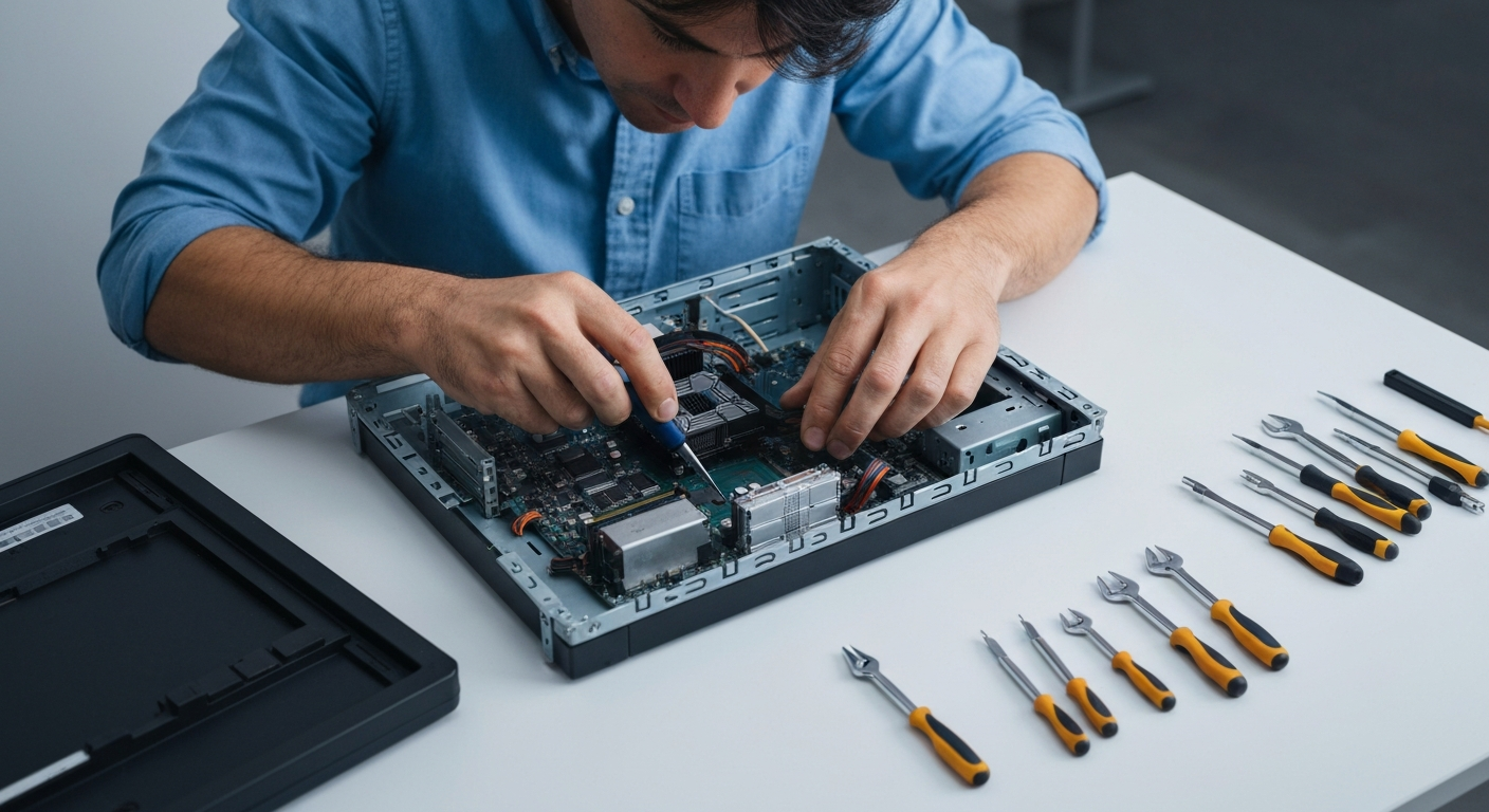 Technicien informatique réparant un ordinateur, illustrant quand faire appel à un expert pour résoudre les problèmes d'écran bleu