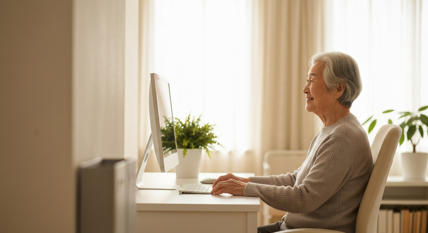Senior utilisant un ordinateur à domicile, représentant les services d'assistance informatique adaptés pour résoudre les écrans bleus