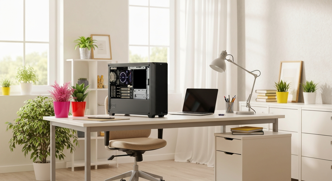 Espace de travail à domicile confortable pour montage PC personnalisé