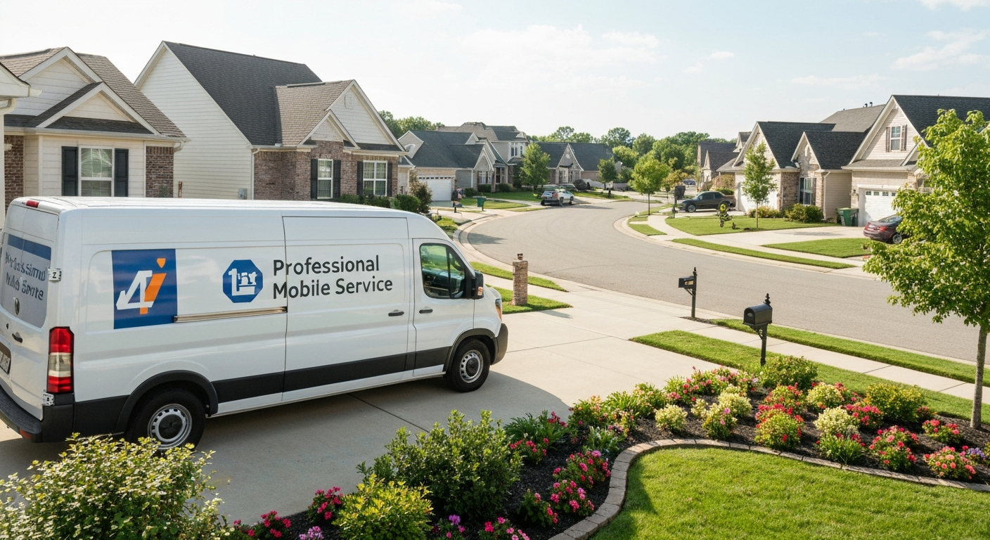 Véhicule de service pour intervention montage PC à domicile dans zone résidentielle