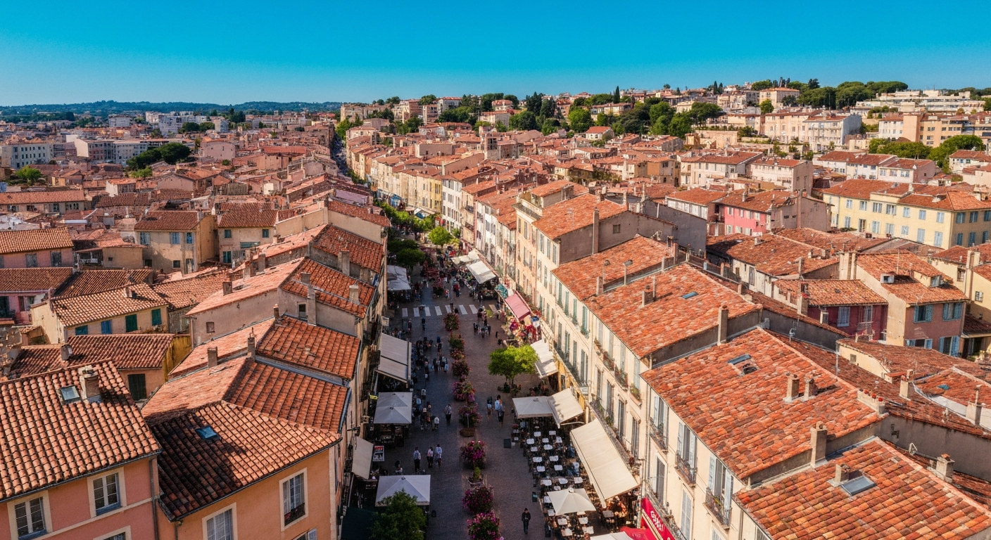 Vue aérienne d'une ville du sud de la France parmi les meilleures destinations pour le télétravail