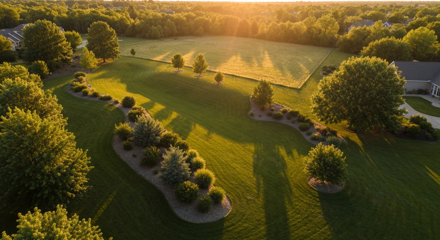 Vue aérienne d'un terrain résidentiel avec pentes et zones variées pour analyser les besoins avant de choisir une tondeuse télécommandée