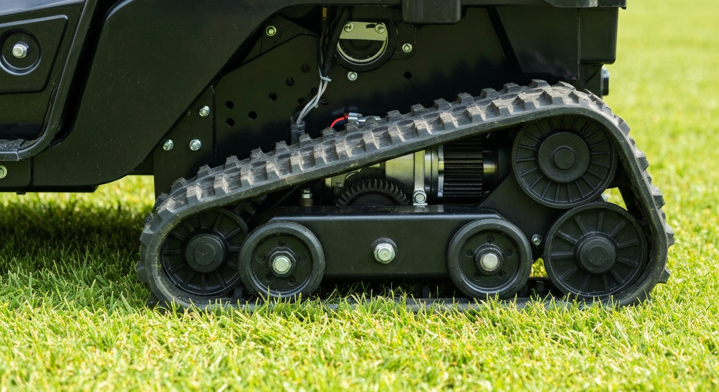 Système de chenilles d'une tondeuse télécommandée pour terrains difficiles, détail de la motorisation et traction