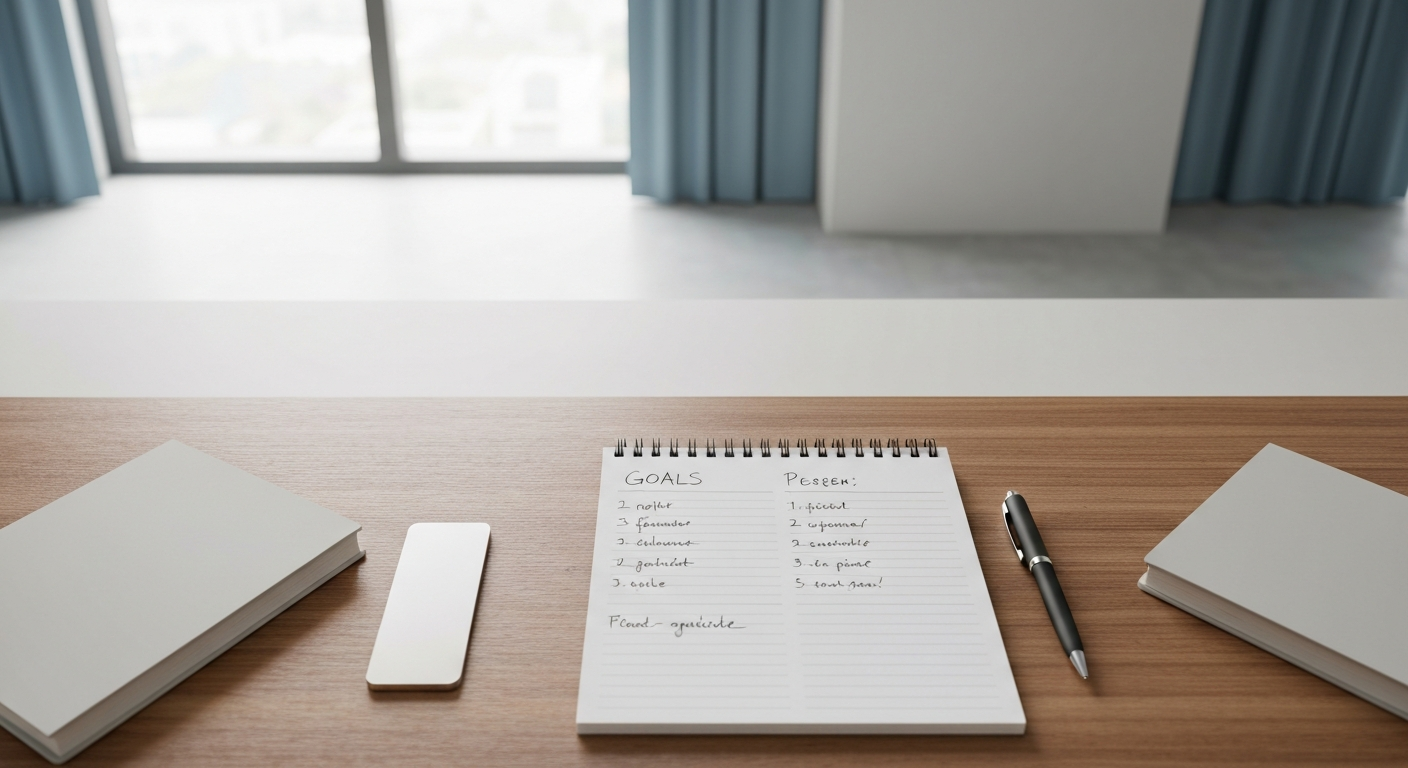 Carnet d'objectifs ouvert sur un bureau pour planifier la création d'un site web d'artisan