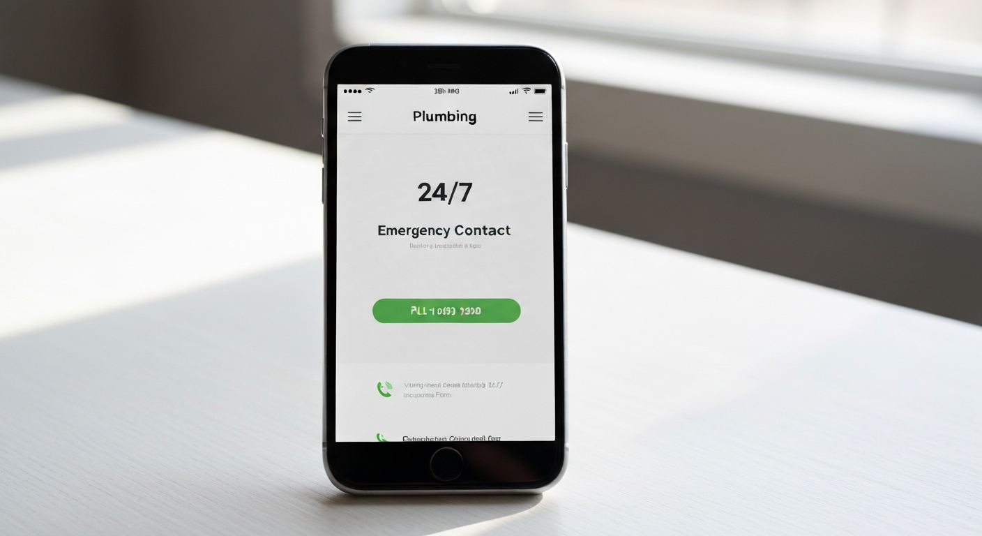 Smartphone affichant un site internet plombier avec numéro cliquable et formulaire d'urgence optimisé pour mobile