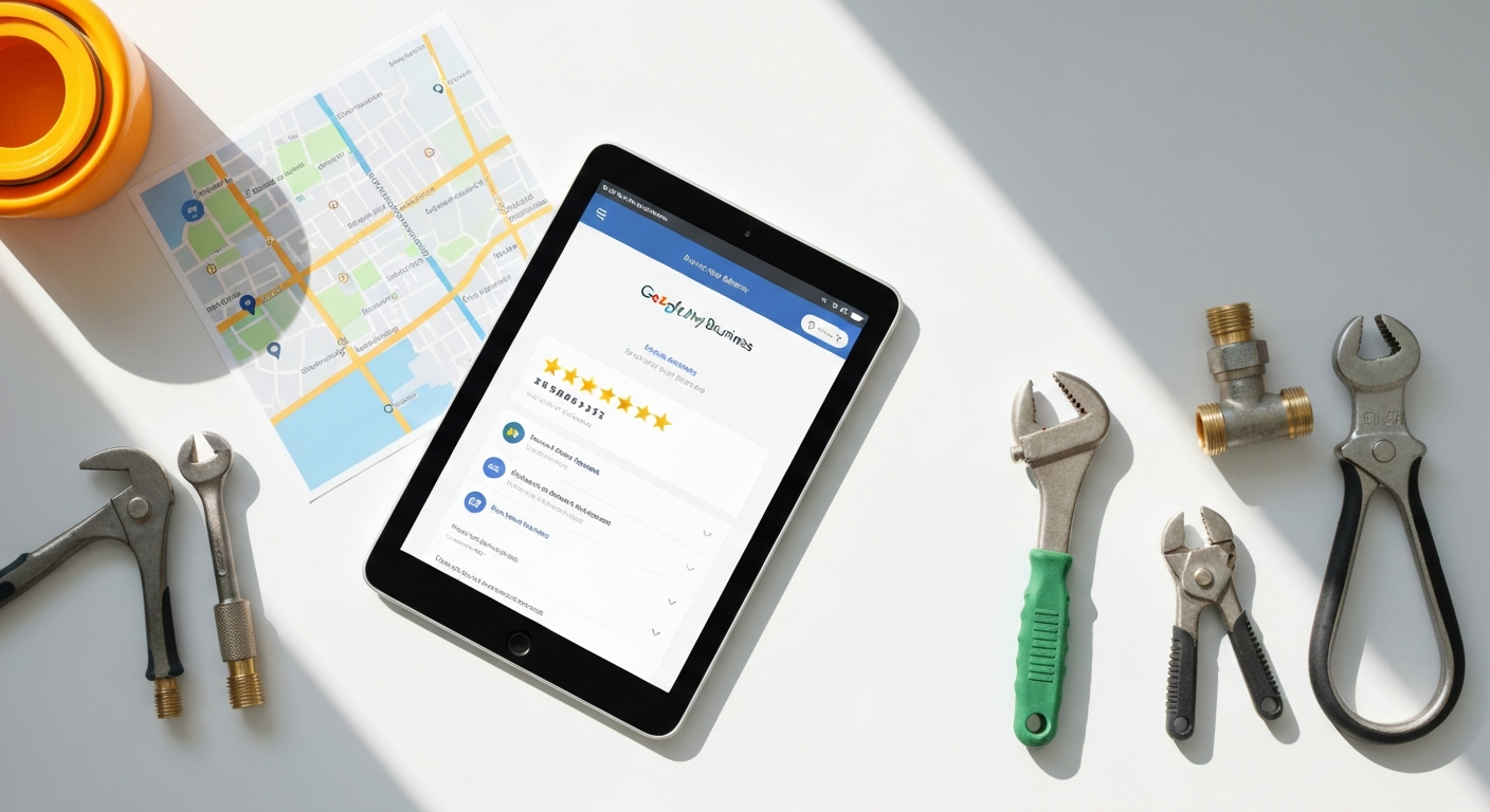 Tablette montrant fiche Google My Business d'un plombier avec avis clients pour le référencement local du site internet