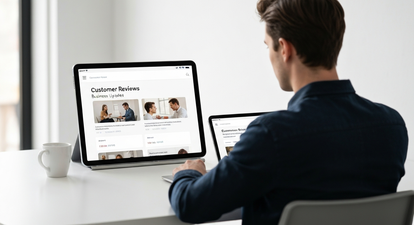 Gestion des avis clients et mise à jour d'une fiche Google My Business artisan sur tablette