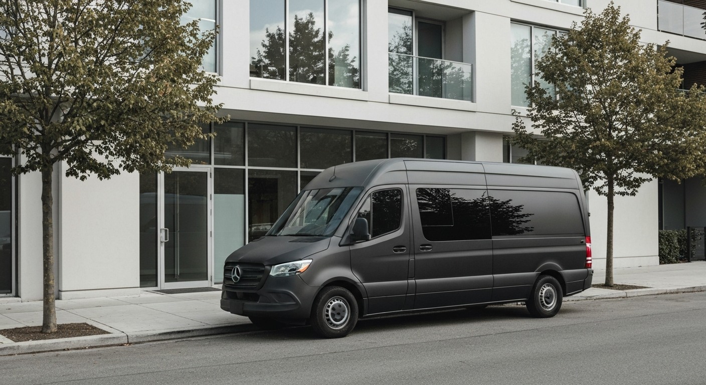 Véhicule de service de serrurier devant immeuble résidentiel, illustrant les débouchés après formation FMSD serrurier