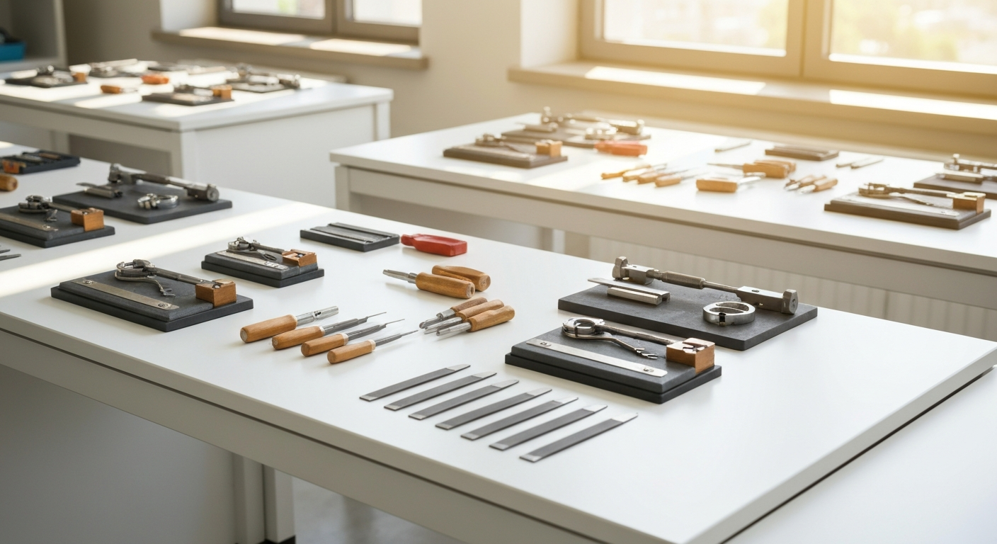 Salle de formation pour serruriers avec outils spécialisés, montrant le contenu pratique de la formation FMSD serrurier