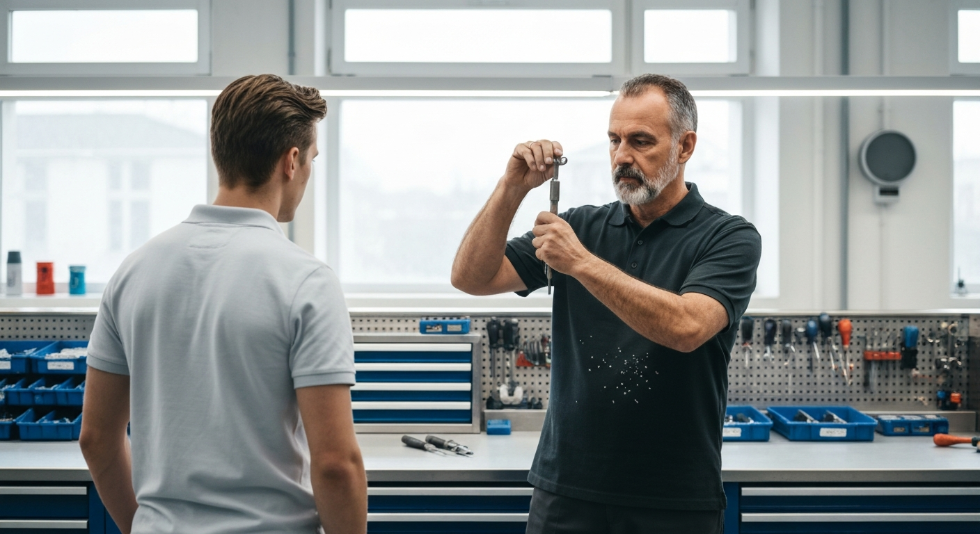 Apprenti serrurier apprenant avec formateur, conseils pour réussir sa reconversion après formation FMSD serrurier