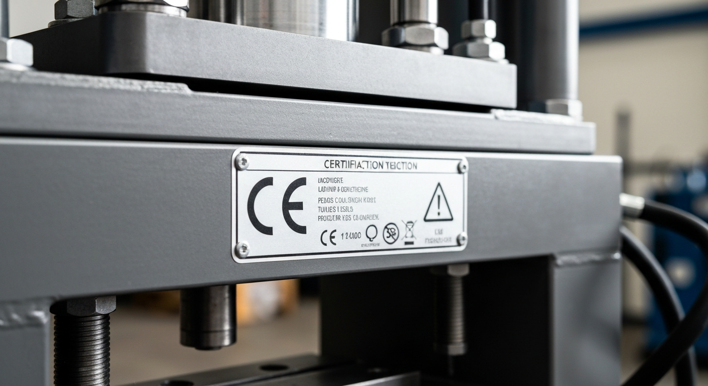 Plaque de certification CE sur presse hydraulique selon nouvelles réglementations 2026