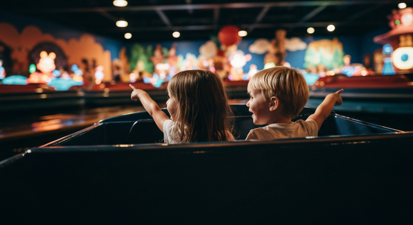 Enfants dans une attraction couverte et intérieure à Disneyland Paris par temps de pluie