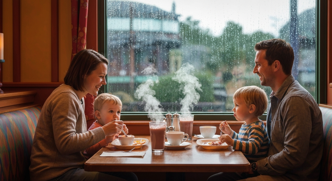 Famille se réchauffant dans un restaurant couvert de Disneyland Paris pendant une journée de pluie