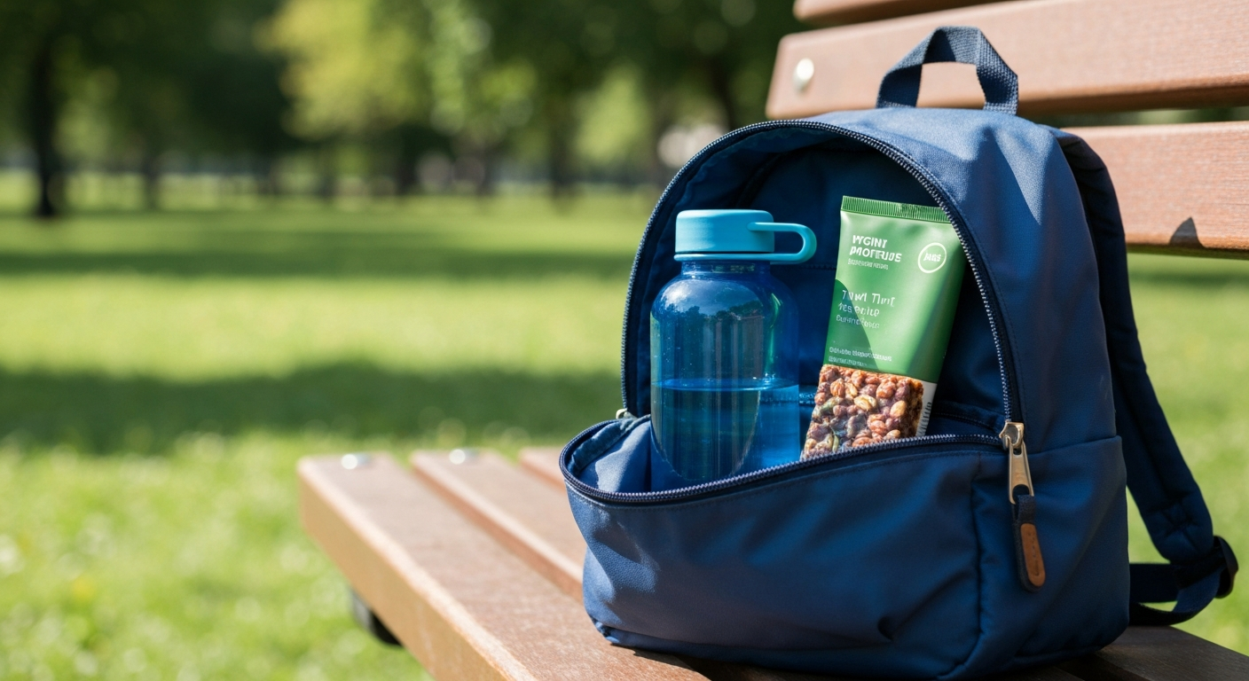 Sac à dos de journée avec gourde, crème solaire et snacks préparés pour une journée en famille à Disneyland Paris