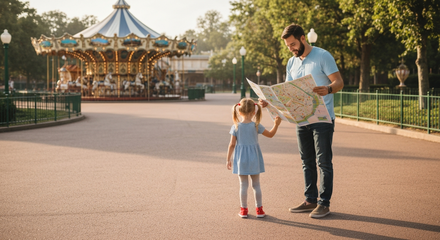 Parent et enfant consultant un plan du parc Disneyland Paris tôt le matin pour optimiser la journée en famille sans attente