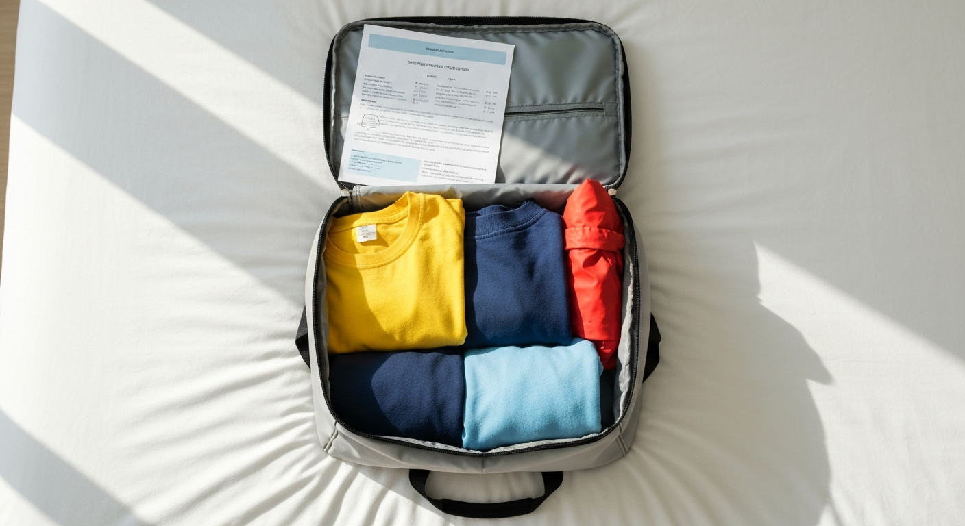 Valise ouverte avec vêtements d'enfants et documents de réservation préparés avant le départ pour Disneyland Paris