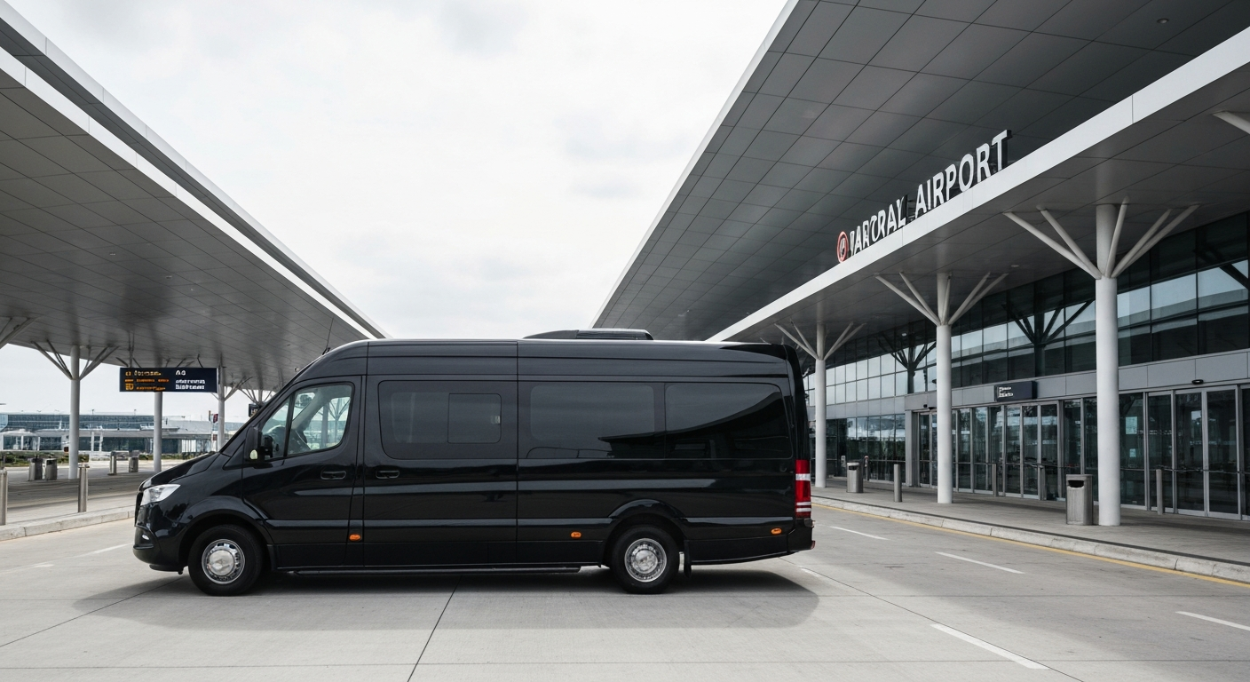 Van privé garé devant un terminal d'aéroport pour transfert vers Disneyland Paris, solution de transport famille depuis CDG ou Orly