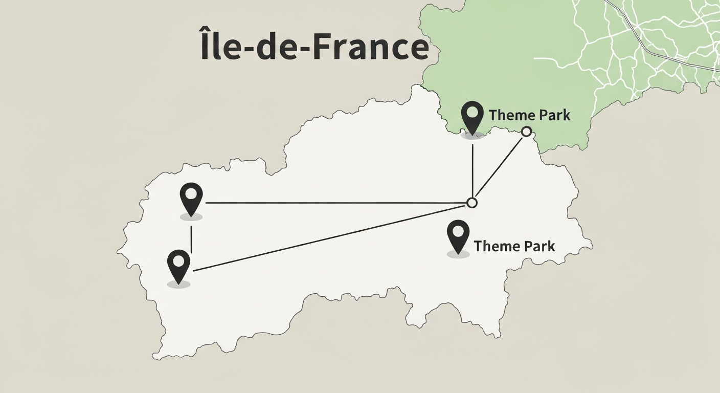 Carte de la région parisienne montrant la distance entre les aéroports CDG et Orly et Disneyland Paris à Marne-la-Vallée