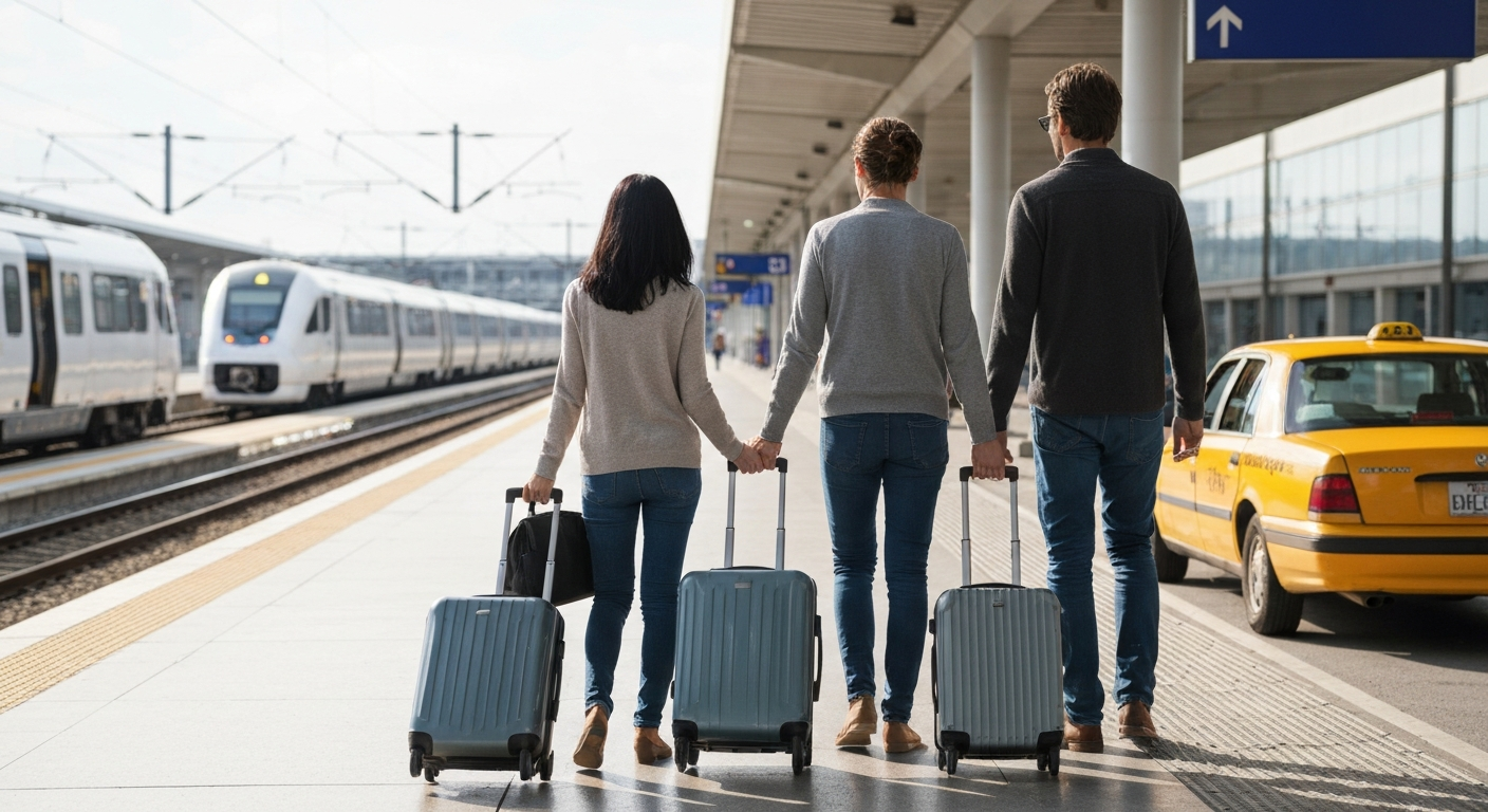 Famille avec bagages devant un hub de transport aéroportuaire parisien incluant RER, navette et taxi pour rejoindre Disneyland Paris