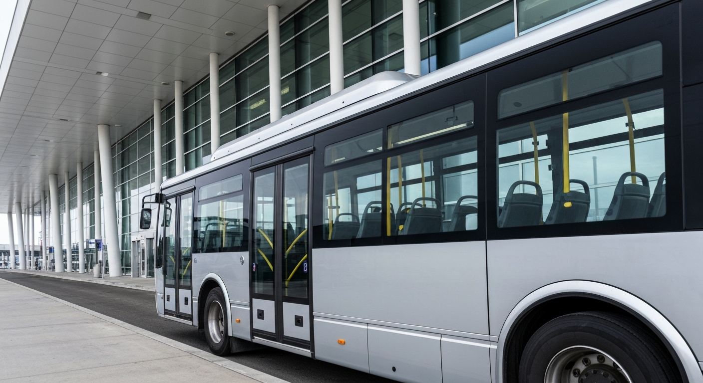 Navette de transfert stationnée devant un terminal d'aéroport parisien pour rejoindre Disneyland Paris — temps de trajet depuis CDG ou Orly