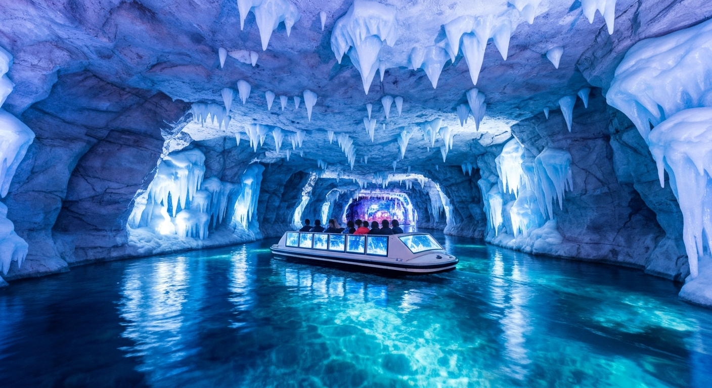 World of Frozen boat ride gliding through an illuminated ice cave at Disneyland Paris