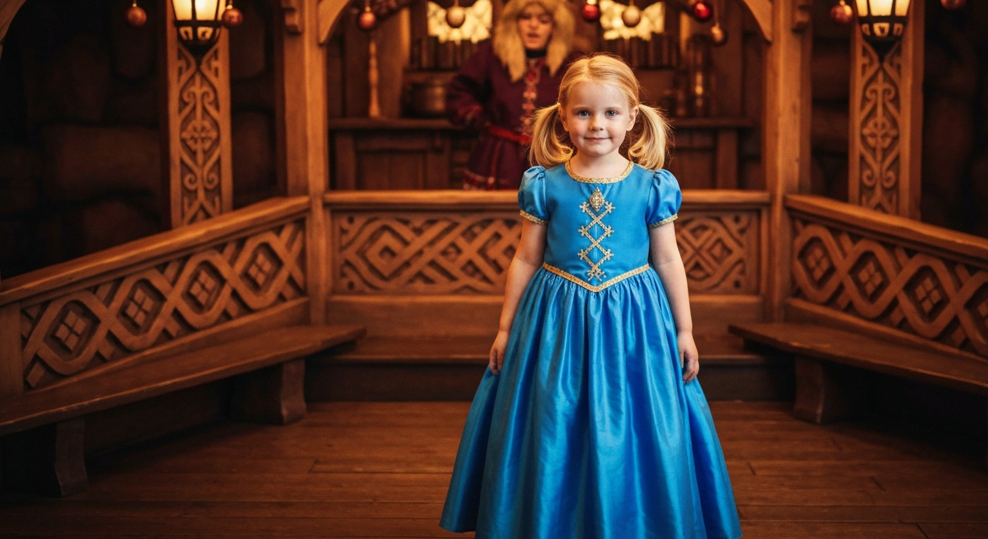 Child in princess costume waiting to meet Elsa and Anna in the World of Frozen land at Disneyland Paris