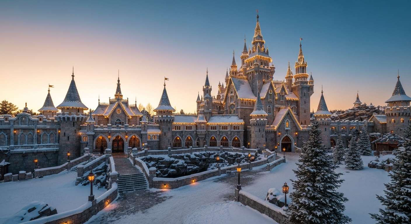 Panoramic view of the kingdom of Arendelle with Elsa's ice palace at the centre of the World of Frozen land at Disneyland Paris