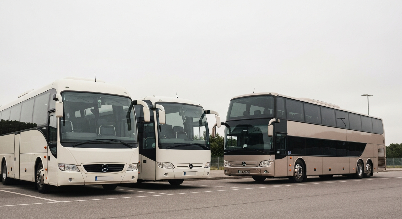 Comparatif de véhicules pour transfert groupe — minibus, autocar 50 places et grand autocar 80 places côte à côte